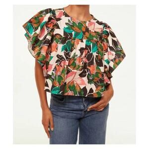Misa Los Angeles Blouse Womens Medium Multicolor Floral Flutter Sleeve Crop NWT